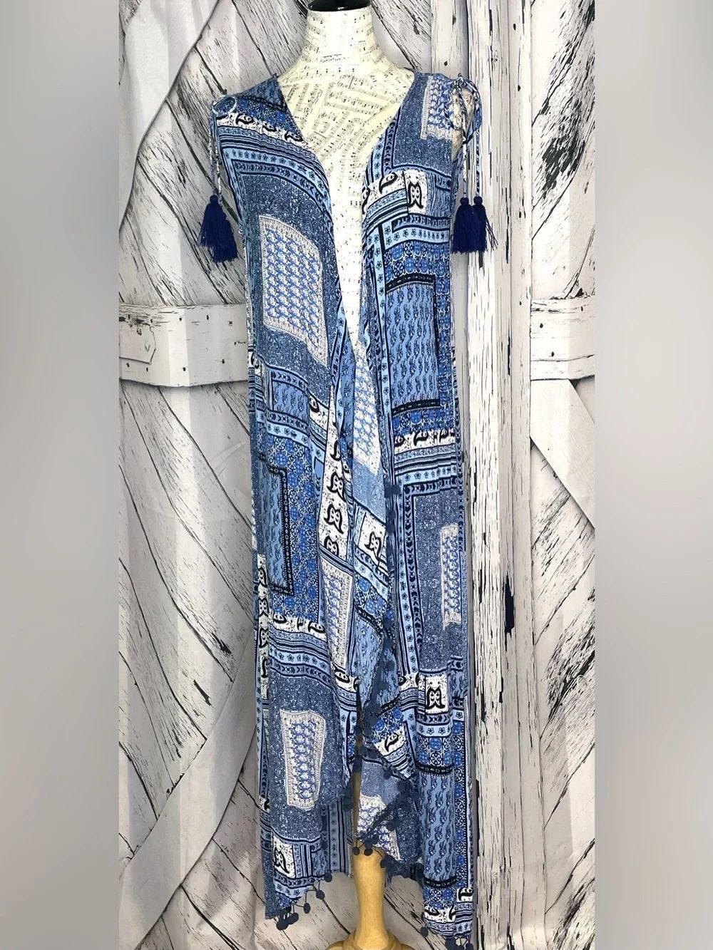 America & Beyond blue patchwork kimono caftan swim cover up M
